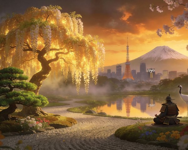 Japanese Garden at Sunset with Wisteria and Samurai