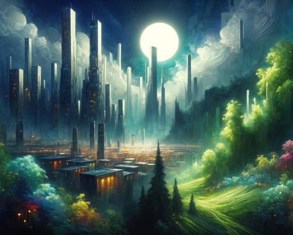 Surreal Landscape of Skyscrapers and Lush Vegetation