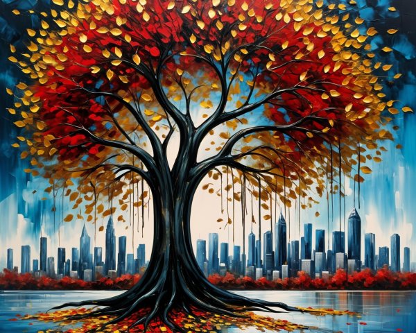 Vibrant Painting of Tree with Autumn Colors and City