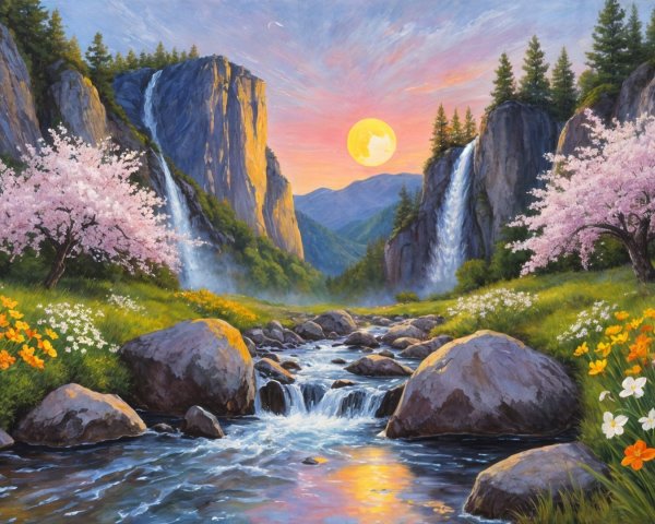 Vibrant landscape with river, cliffs, and wildflowers