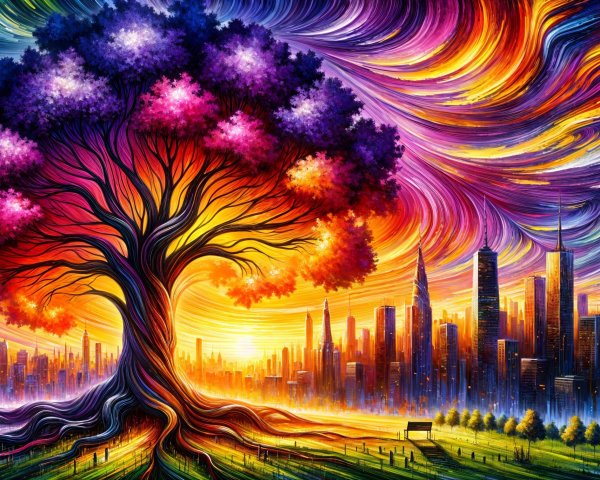 Vibrant Landscape with Massive Tree and Sunset Skyline
