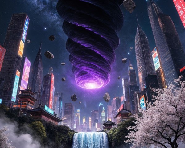 Surreal cityscape with neon skyscrapers and vortex