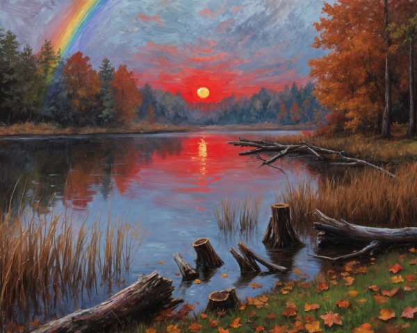 Serene Sunset Over Tranquil Lake with Autumn Trees