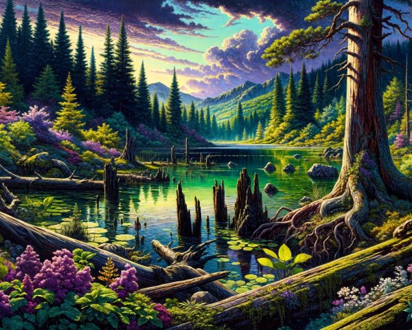 Tranquil Lake Surrounded by Lush Nature and Sunbeams