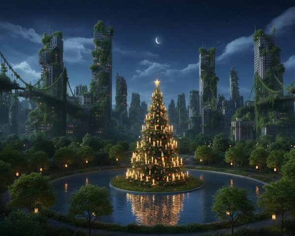 Post-apocalyptic cityscape with overgrown skyscrapers