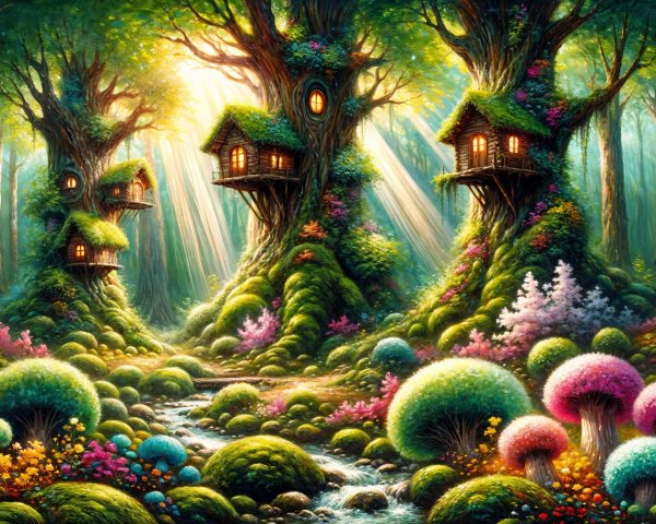 Enchanted forest with whimsical houses and vibrant flora