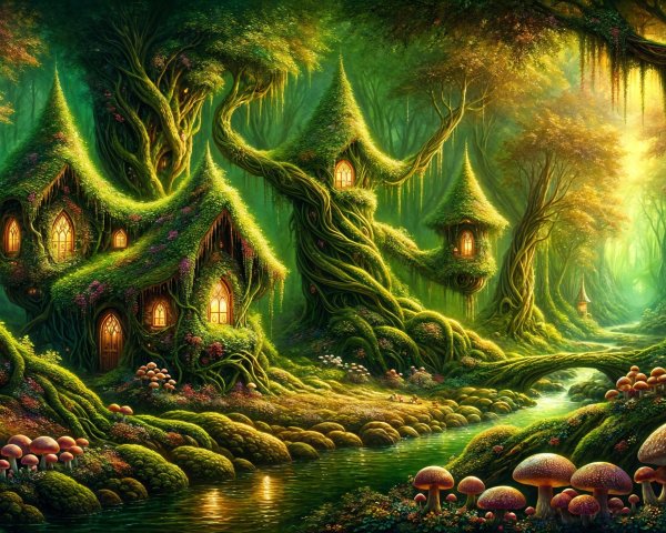 Whimsical Forest Scene with Cottages and Stream