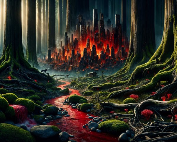 Mystical forest with crimson river and rustic cabin