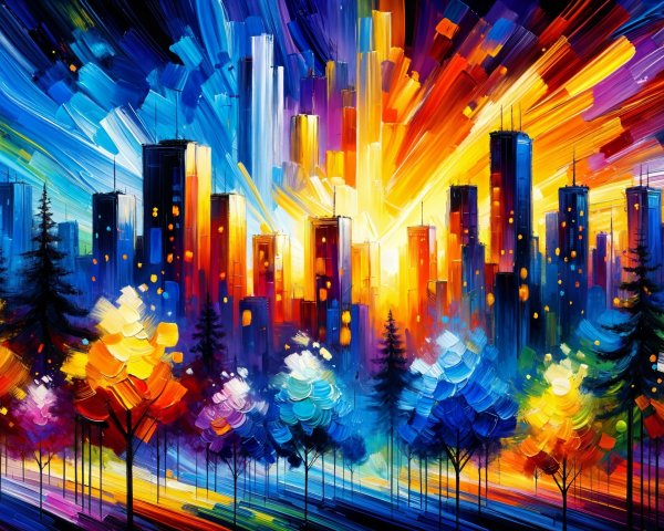 Vibrant Cityscape at Sunset with Colorful Skyscrapers