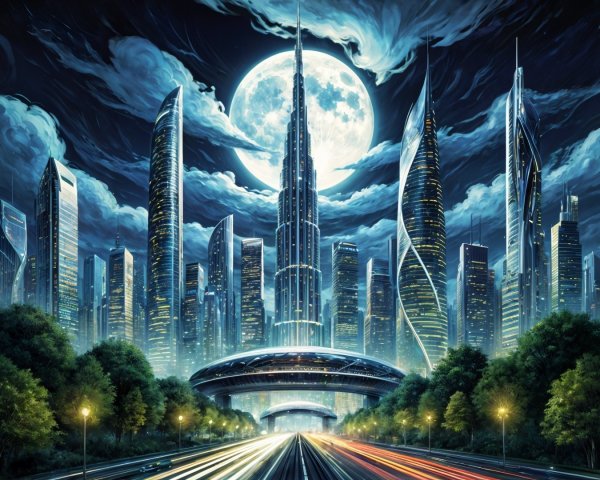 Futuristic Cityscape Under Luminous Moonlight