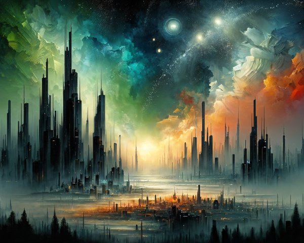 Futuristic cityscape with cosmic backdrop and reflections
