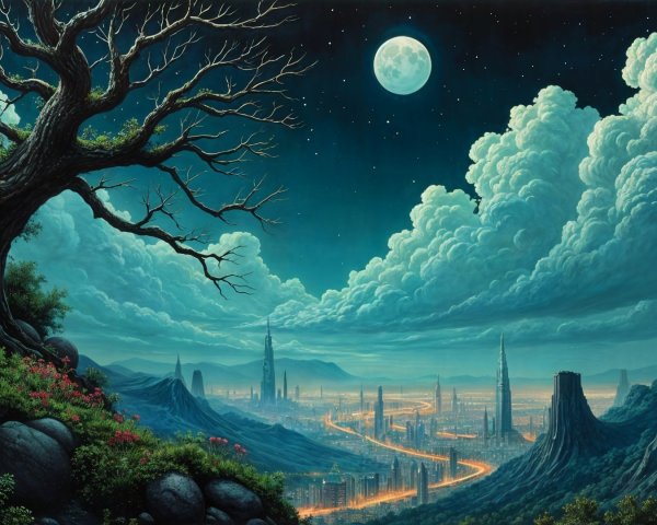 Serene Moonlit Landscape with Valley and River