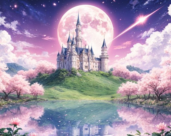 Castle on a Hill with Cherry Blossoms and Moonlight