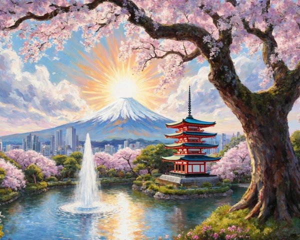 Cherry Blossom Tree and Pagoda by Tranquil Pond