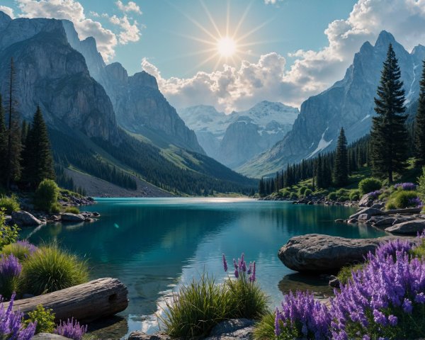 Tranquil Lake Surrounded by Majestic Mountains and Flora