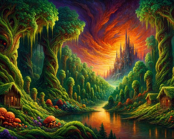 Vibrant Fantastical Landscape with Castle and River