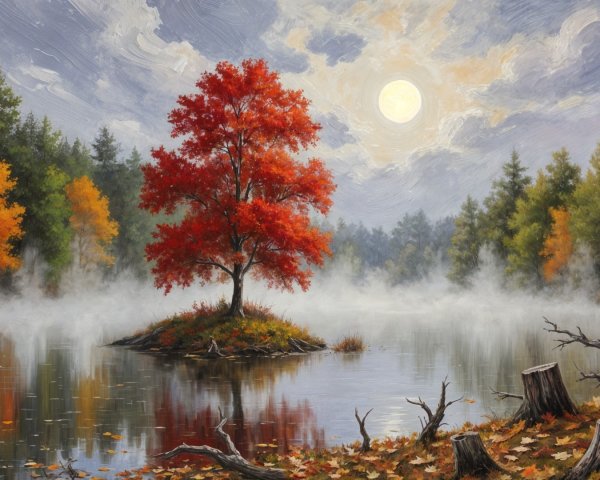 Vibrant Red Tree on Island Surrounded by Calm Lake