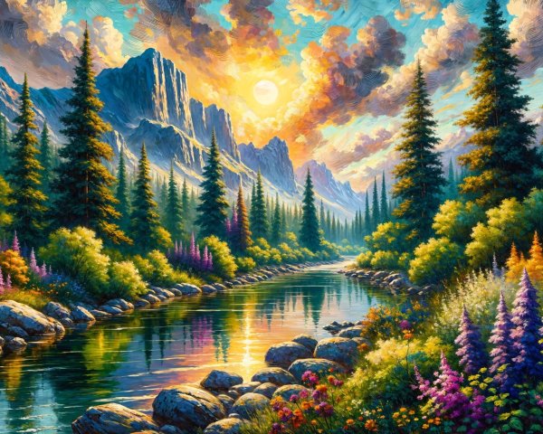 Vibrant Landscape with River and Majestic Mountains
