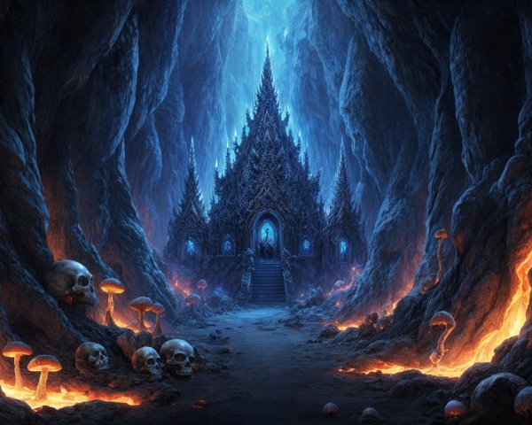 Otherworldly cavern with gothic temple and eerie light