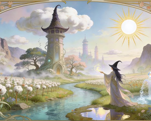 Ethereal Fantasy Landscape with Wizard Tower and Castle