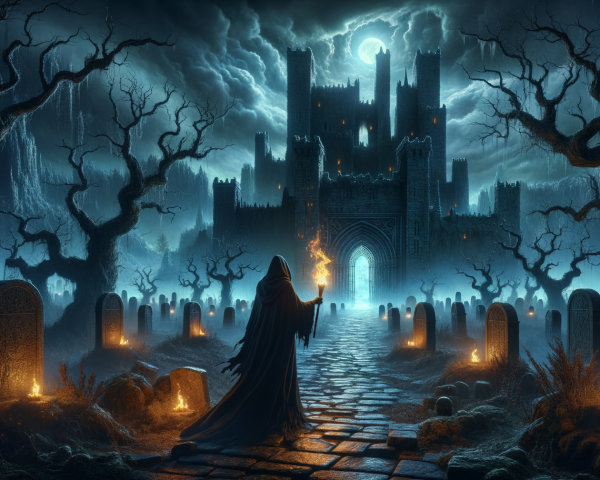 Cloaked Figure in Eerie Graveyard with Castle Background