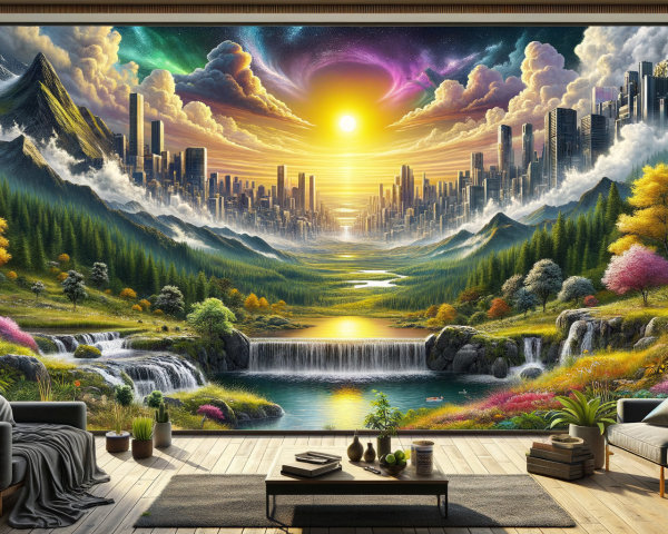 Artwork featuring natural landscapes and futuristic cityscape under a dramatic sunset through a window