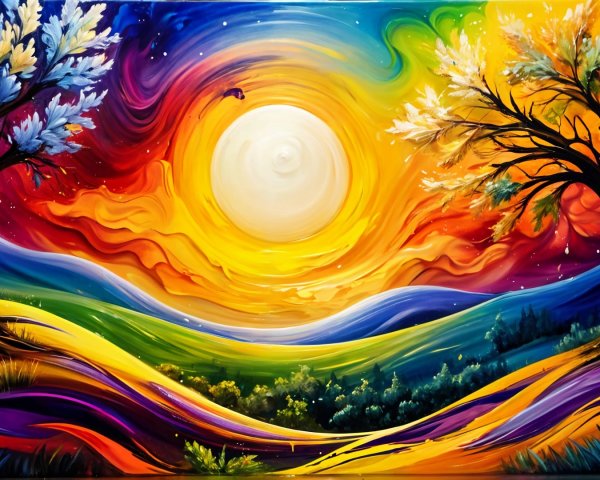 Vibrant Landscape with Colorful Trees and Sun