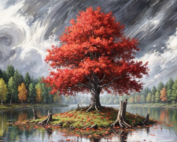 Vibrant Red Tree on Island with Calm Lake Reflection