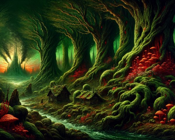 Mystical Forest with Enigmatic Houses and Glowing Fungi