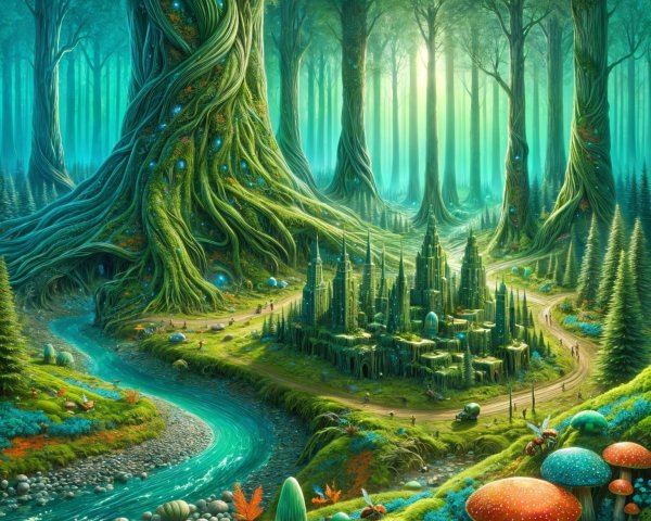 Enchanted forest with a whimsical castle and river