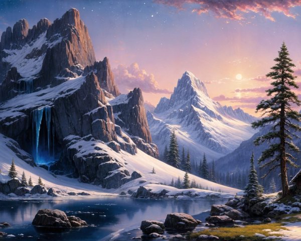 Serene Winter Landscape with Snow-Capped Mountains
