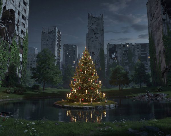 Christmas Tree on Island Amidst Ruined Buildings