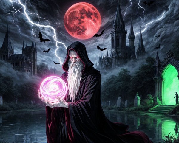 Ancient Wizard Conjures Orb in Dark Mystical Landscape