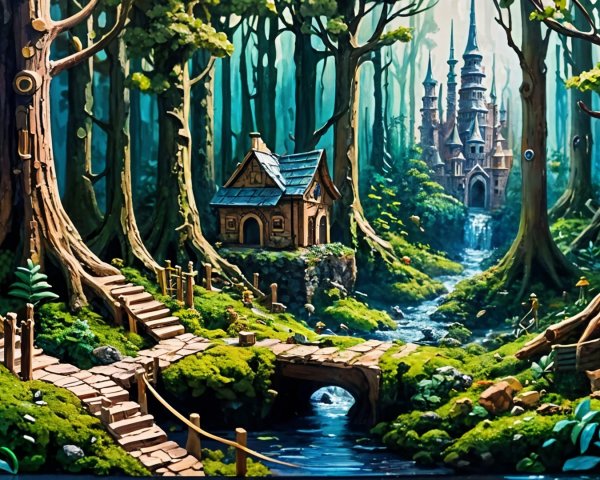 Enchanted Forest with Cottage and Majestic Castle