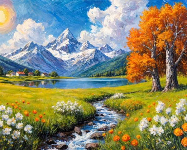 Vibrant Landscape with Lake and Snow-Capped Mountains