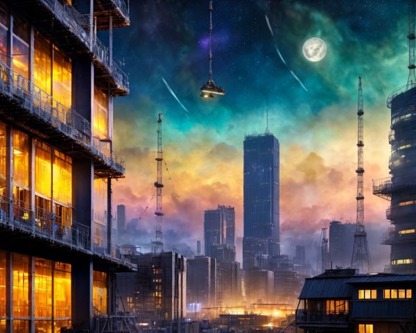 Futuristic cityscape at dusk with illuminated buildings and flying vehicle