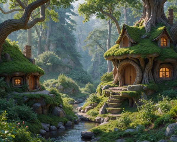 Whimsical Cottages in a Lush Forest Setting