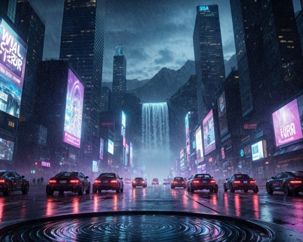 Futuristic cityscape at night with neon lights and rain