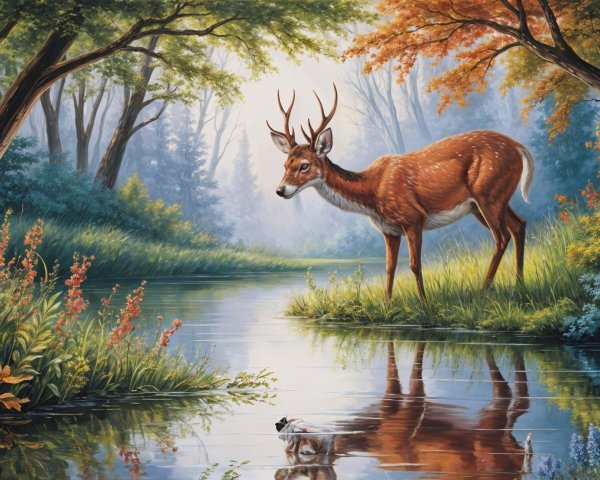 Stag by River in Serene Forest with Autumn Colors