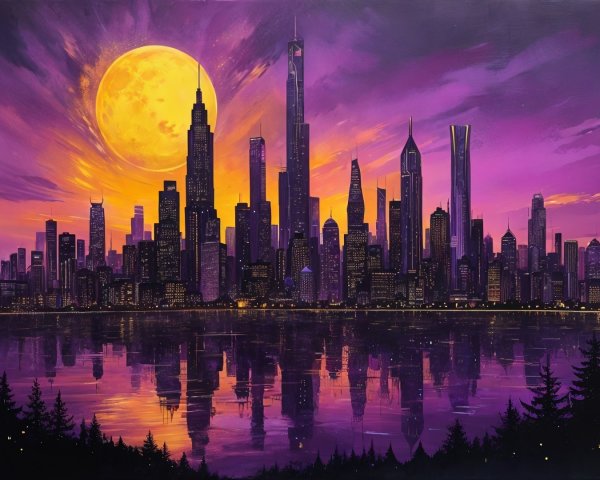 Dusk Skyline with Skyscrapers and Reflective Water