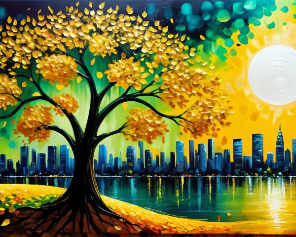 Vibrant Landscape with Golden Tree and Sunrise Reflection