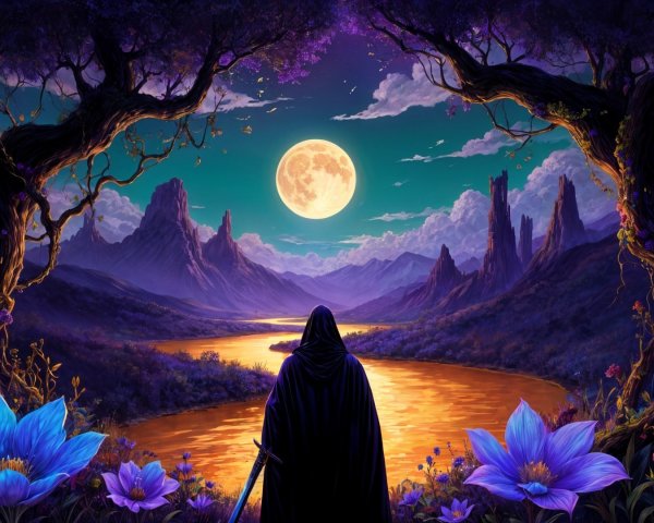 Mysterious figure by a shimmering river at night