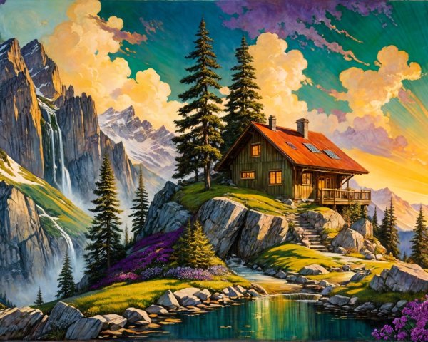 Wooden cabin on rocky outcrop with scenic mountain views