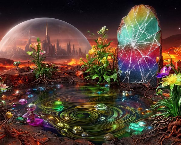 Otherworldly Oasis with Flowers and Alien Cityscape