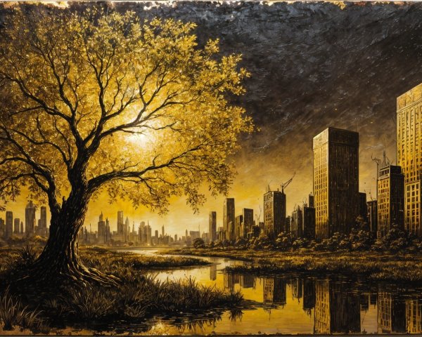 Golden Tree Amidst Urban Skyscrapers and River Reflection