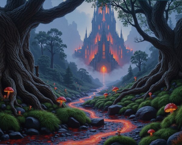 Mystical Landscape with Trees, River, and Castle
