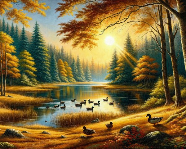 Autumn Landscape with Calm Lake and Evergreen Trees