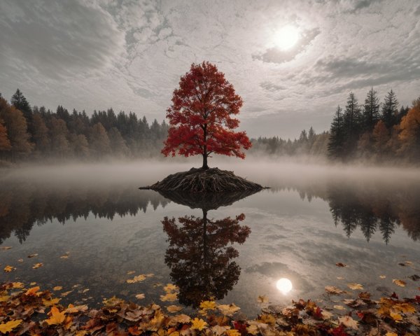 Solitary Red Tree on Misty Lake Island in Autumn