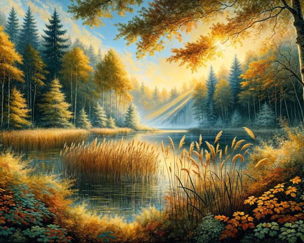 Tranquil Lake Surrounded by Autumn Foliage