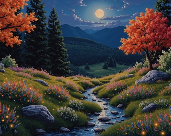 Moonlit Landscape with Stream and Colorful Flora